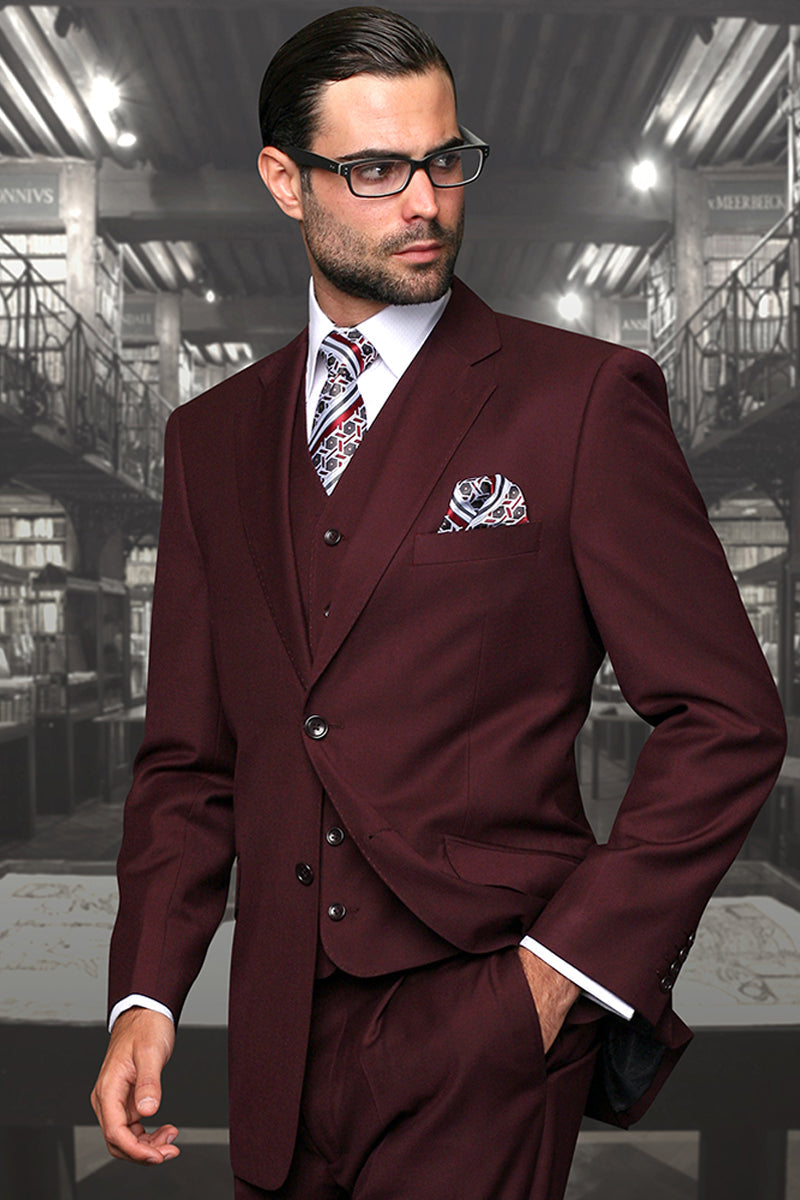 Men’s Designer Vested Modern Fit Wool Wedding & Business Suit in Burgundy