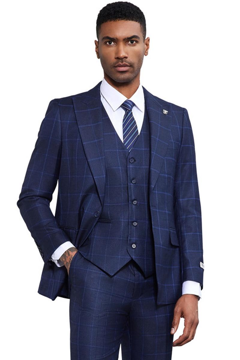 Men’s Stacy Adams Classic One Button Vested Windowpane Suit in Navy Blue