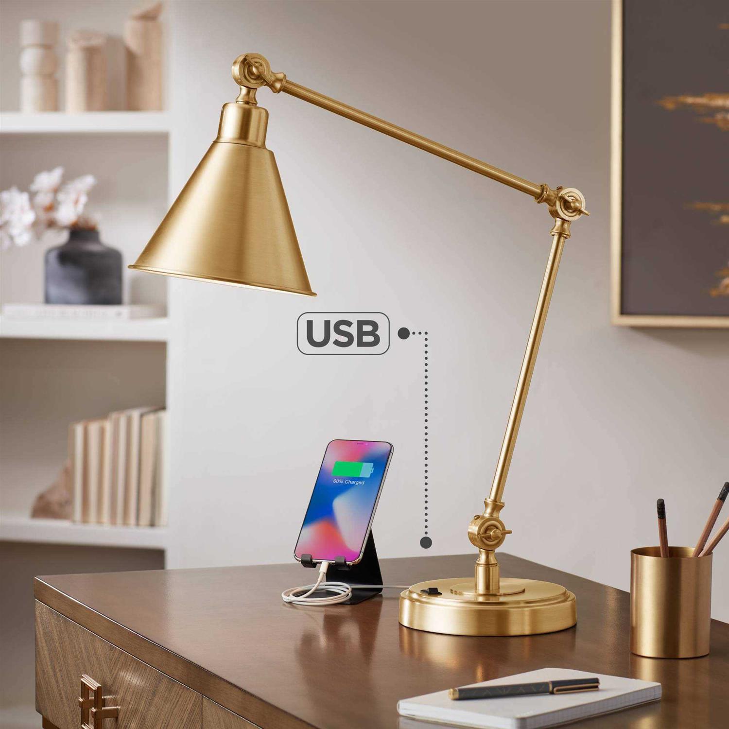 360 Lighting Wray Modern Desk Lamp 26 3/4 High with USB Charging Port Warm Brass
