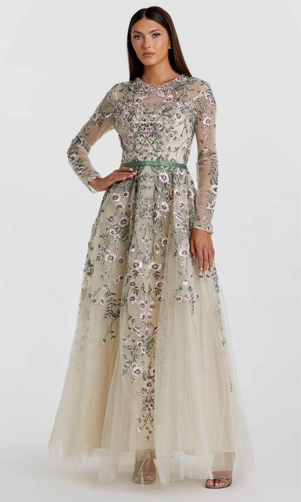 Floral Illusion Long Sleeve Evening Dress
