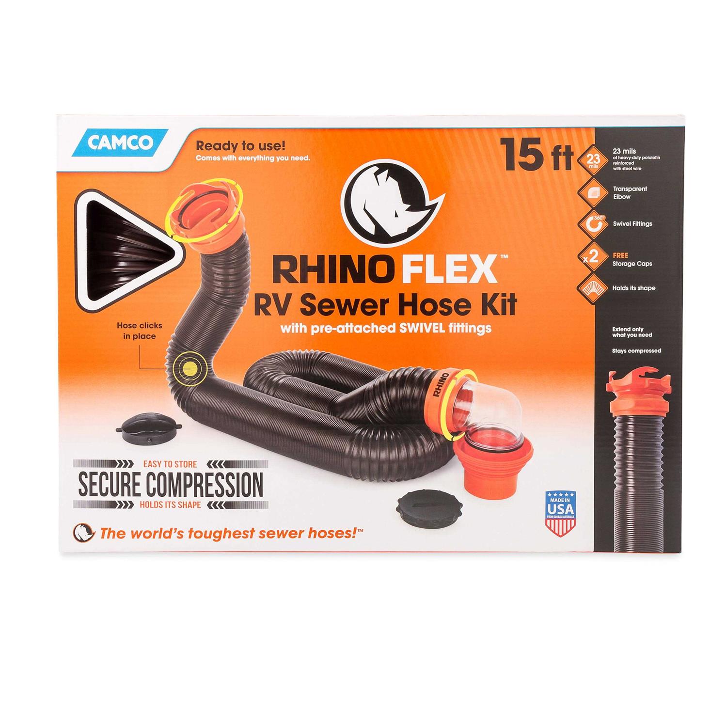 Camco Camper/RV RhinoFLEX Sewer Hose Kit with 15′ Hose and Swivel Fittings