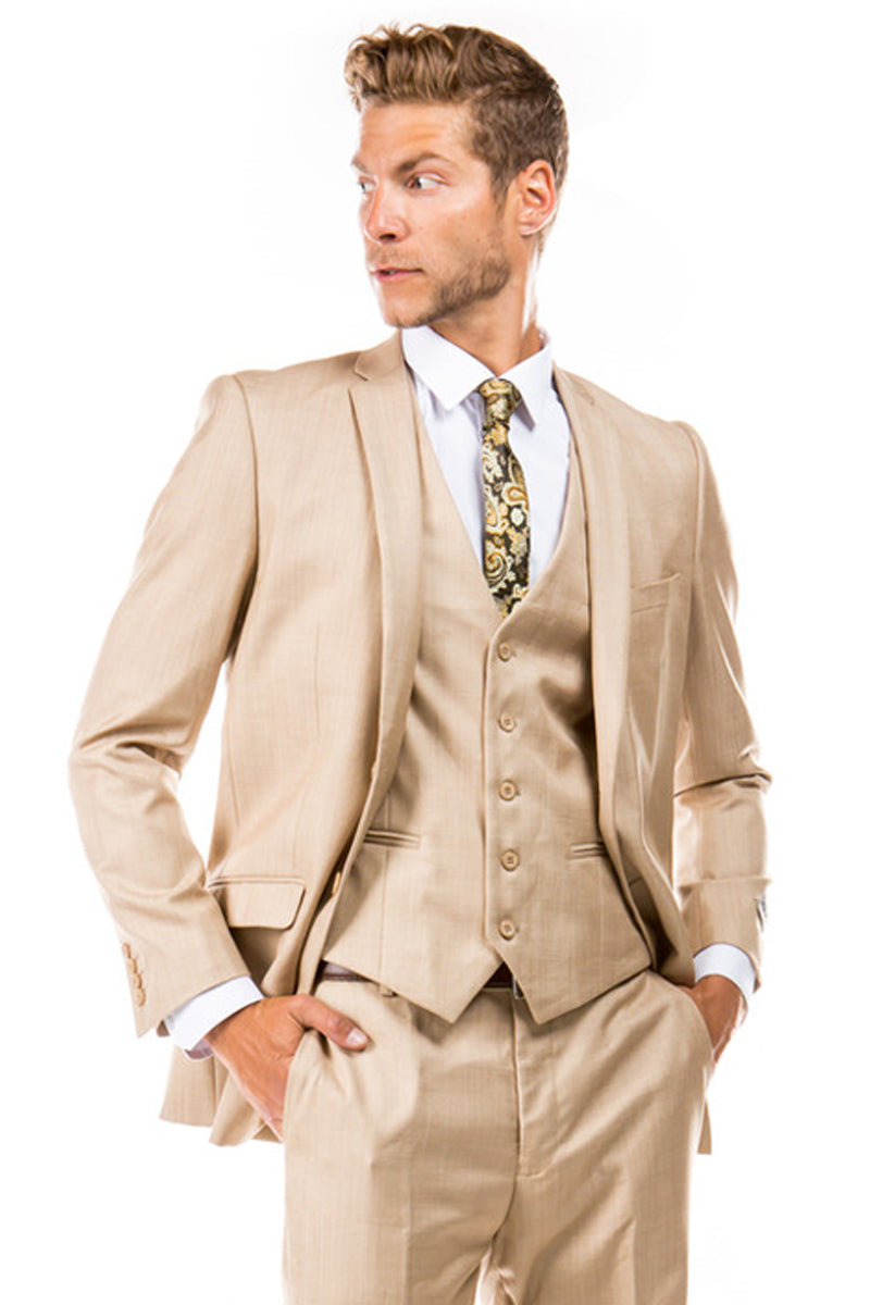 Men’s Two Button Vested Business Sharkskin Suit in Dark Tan