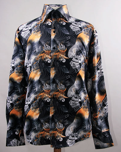 Men’s Regular Fit Fancy Tonal Japanest Wave Pattern Sports Shirt in Black & Orange