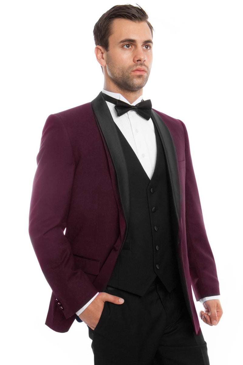 Men’s One Button Vested Satin Trimmed Shawl Lapel Tuxedo in Burgundy