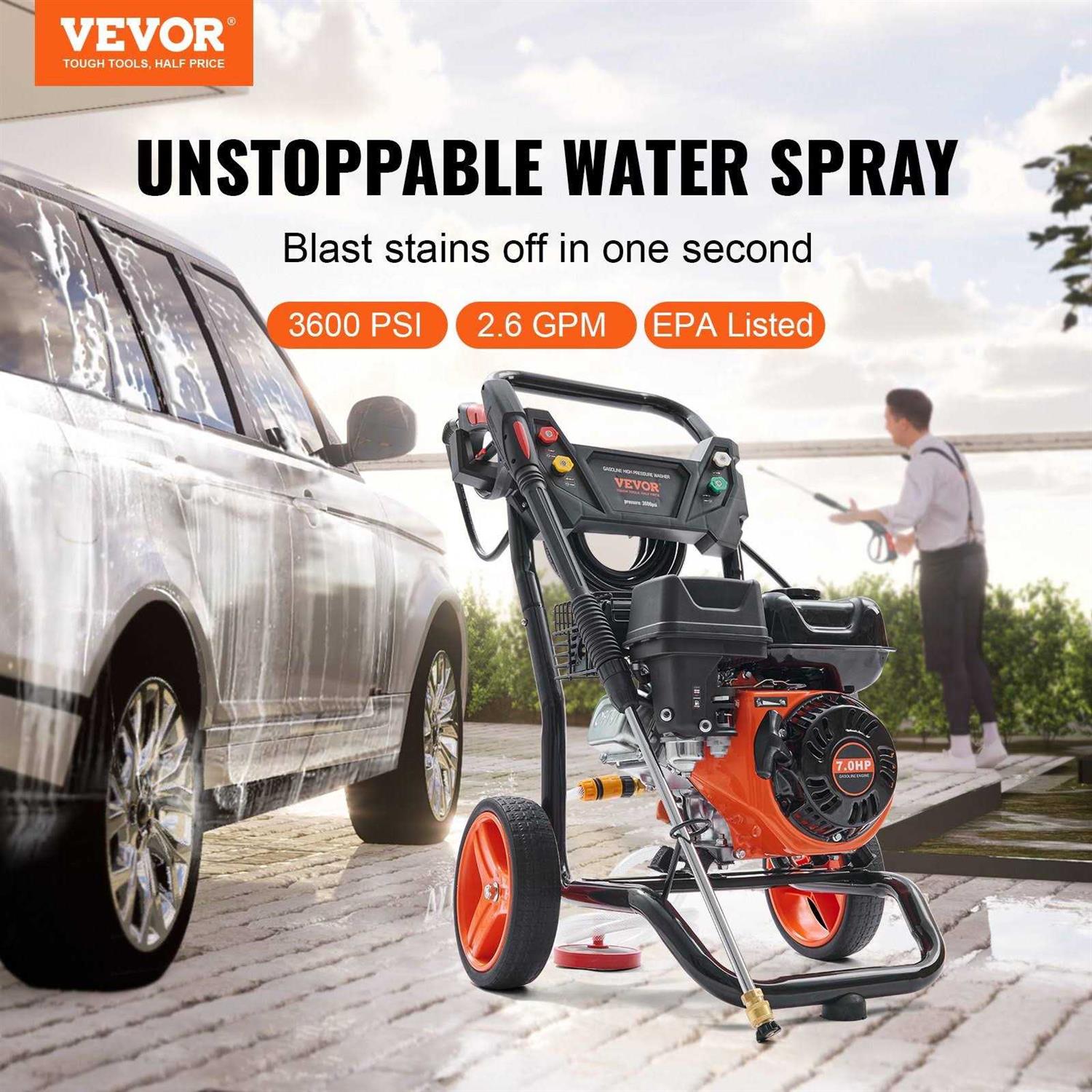 VEVOR Gas Pressure Washer, 3600 PSI 2.6 GPM, Gas Powered Pressure Washer with Copper Pump, Spray Gun and Extension Wand