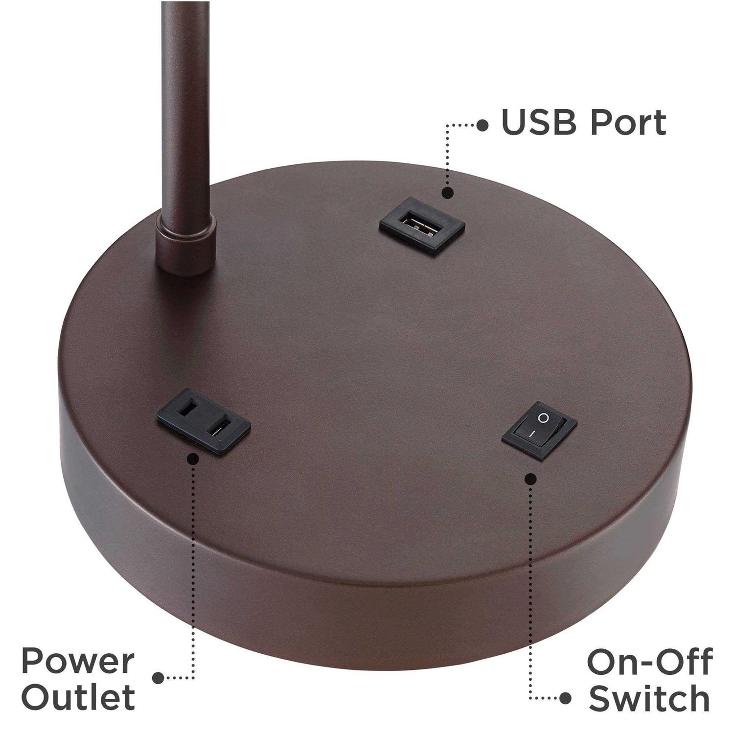 360 Lighting Modern Desk Table Lamp with USB and AC Power Outlet in Base Bronze Linen Uno Fitter Drum Shade for Bedroom Bedside