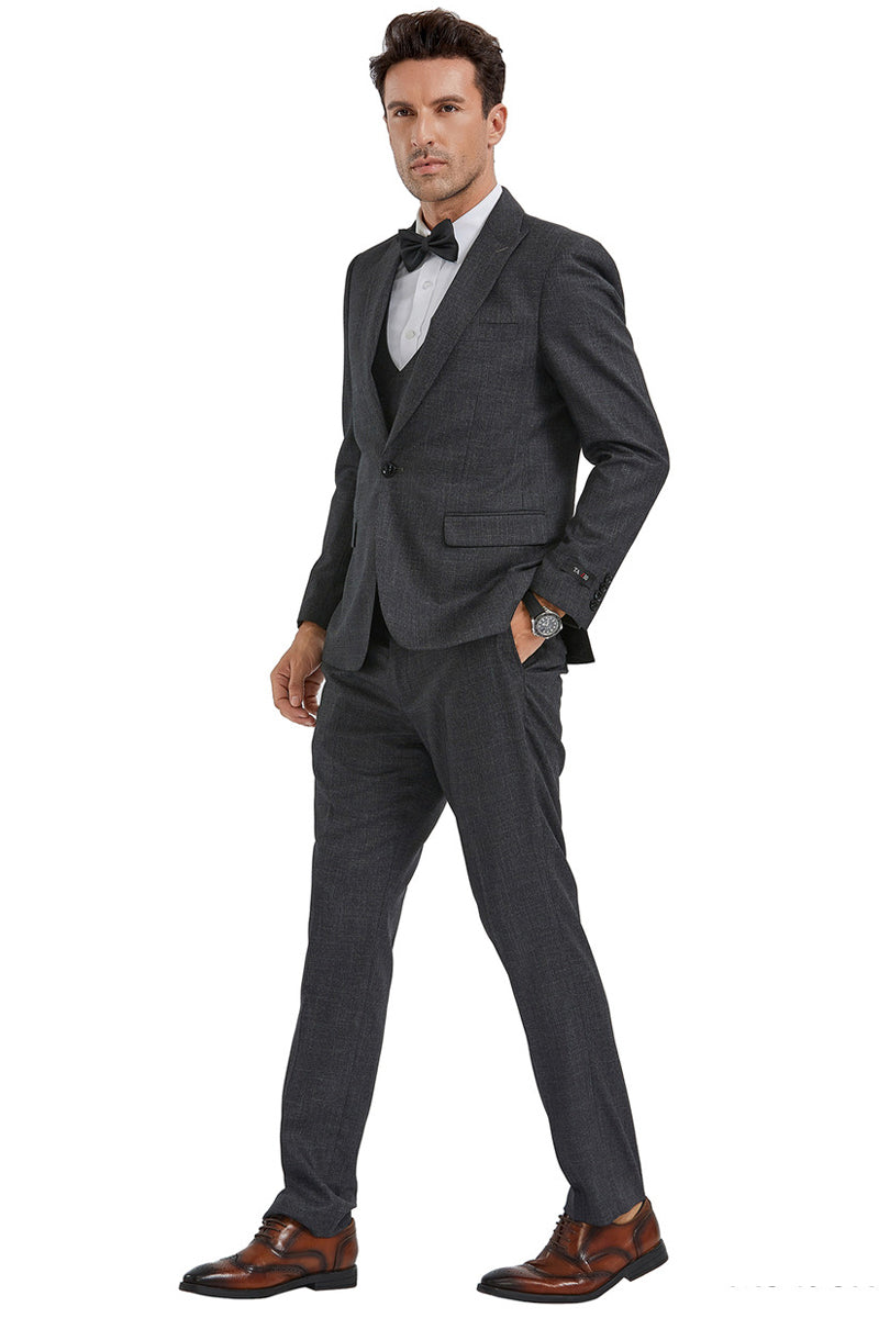 Men’s Slim Fit One Button Peak Lapel Suit with Double Breasted Vest in Charcoal Sharkskin