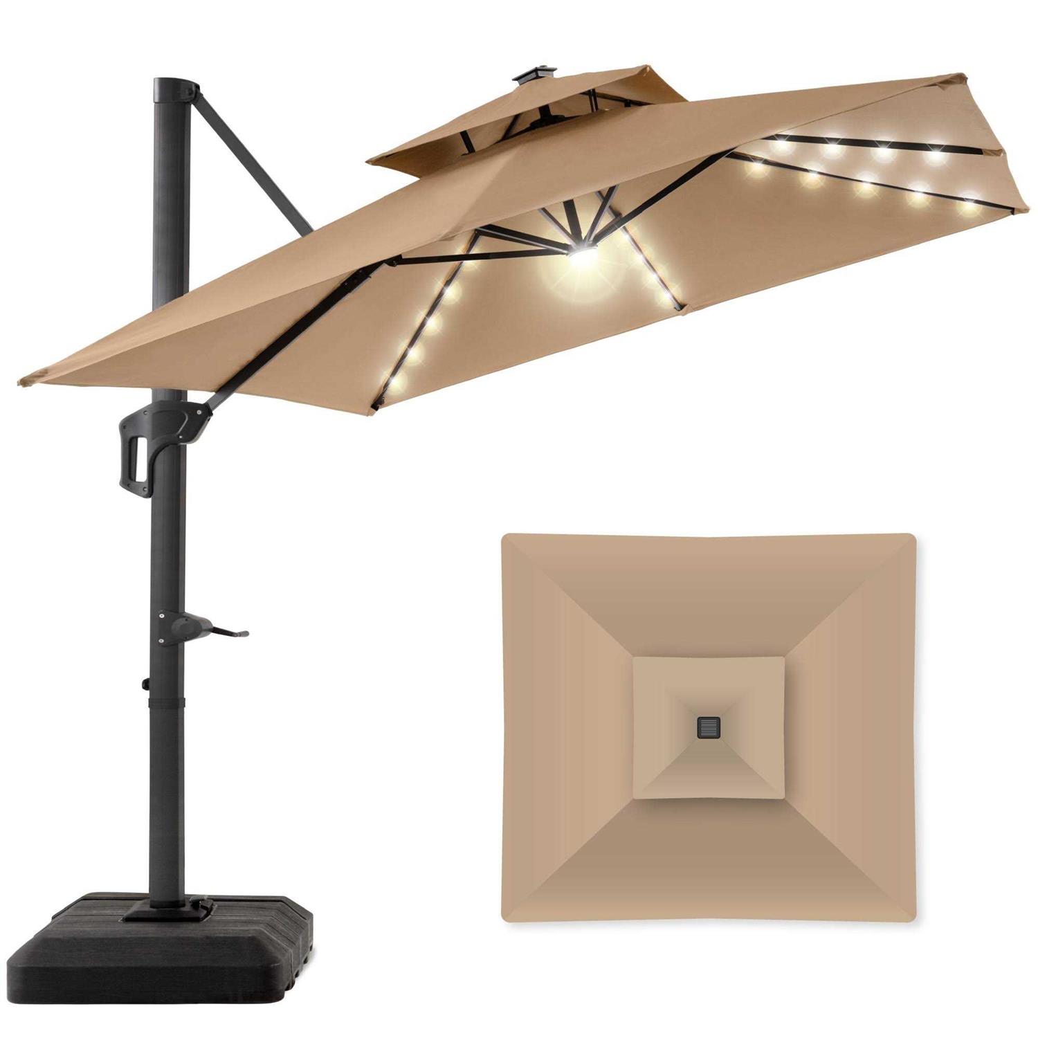 Best Choice Products 10 ft. Solar LED 2-Tier Square Cantilever Patio Umbrella with Base Included