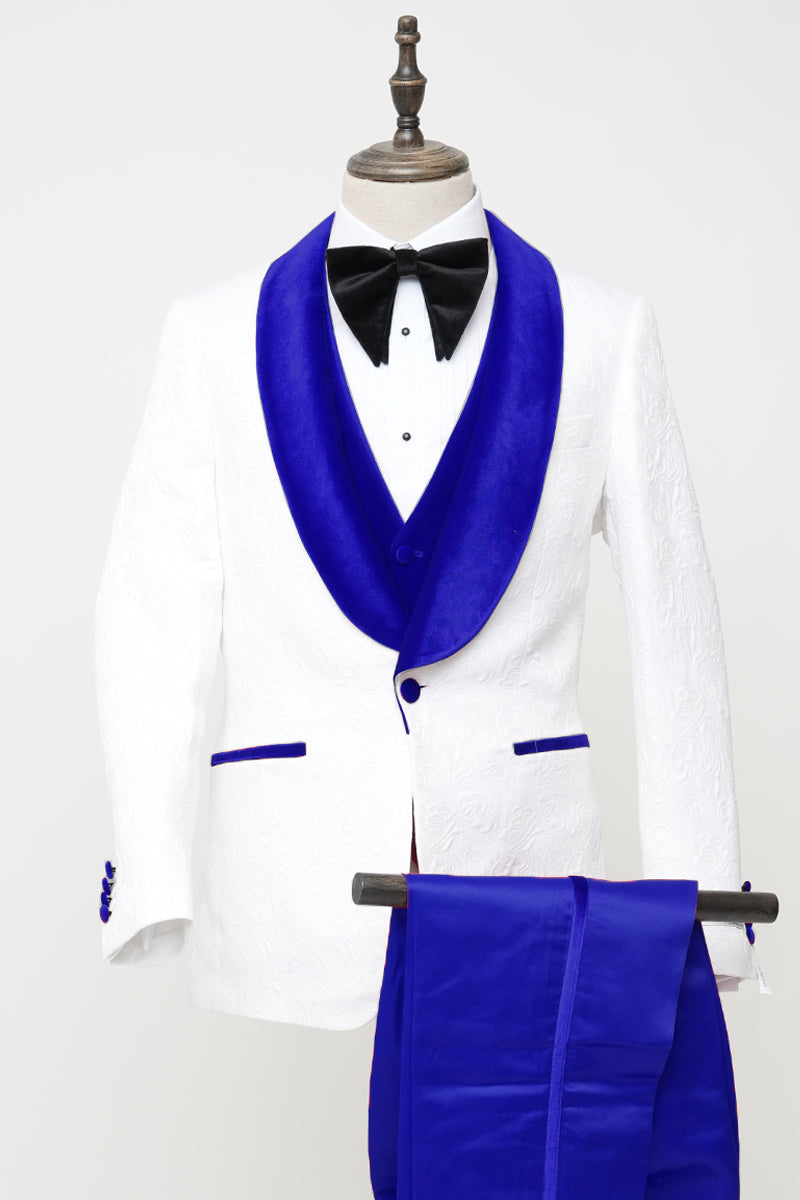 Men’s Vested White Paisley Wedding & Prom Tuxedo with Royal Blue Velvet Lapel