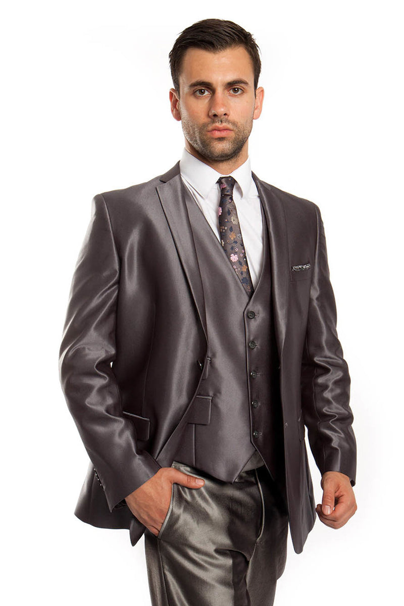 Men’s Two Button Vested Shiny Sharkskin Wedding & Prom Fashion Suit in Charcoal Grey