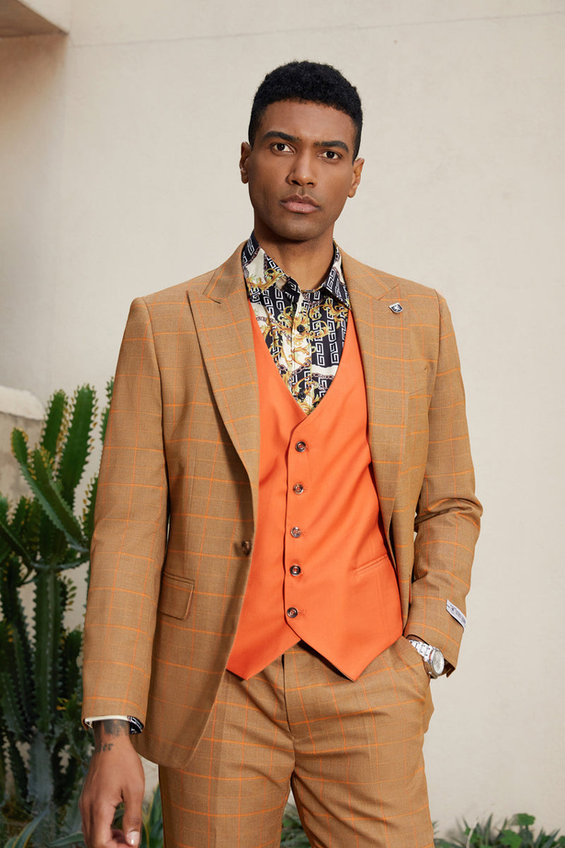 Men’s Stacy Adam’s One Button Windowpane Plaid Suit with Reversible Vest in Orange Rust