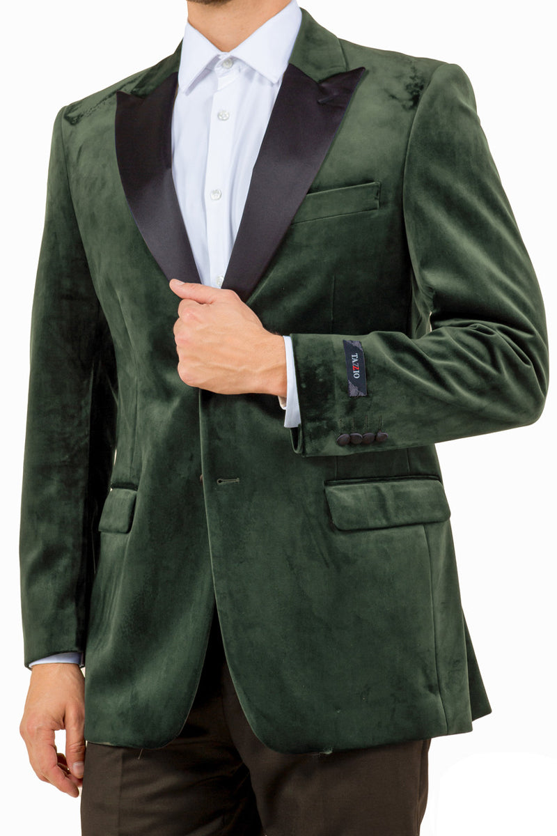 Men’s Two Button Peak Lapel Velvet Wedding & Prom Tuxedo Jacket in Olive Green