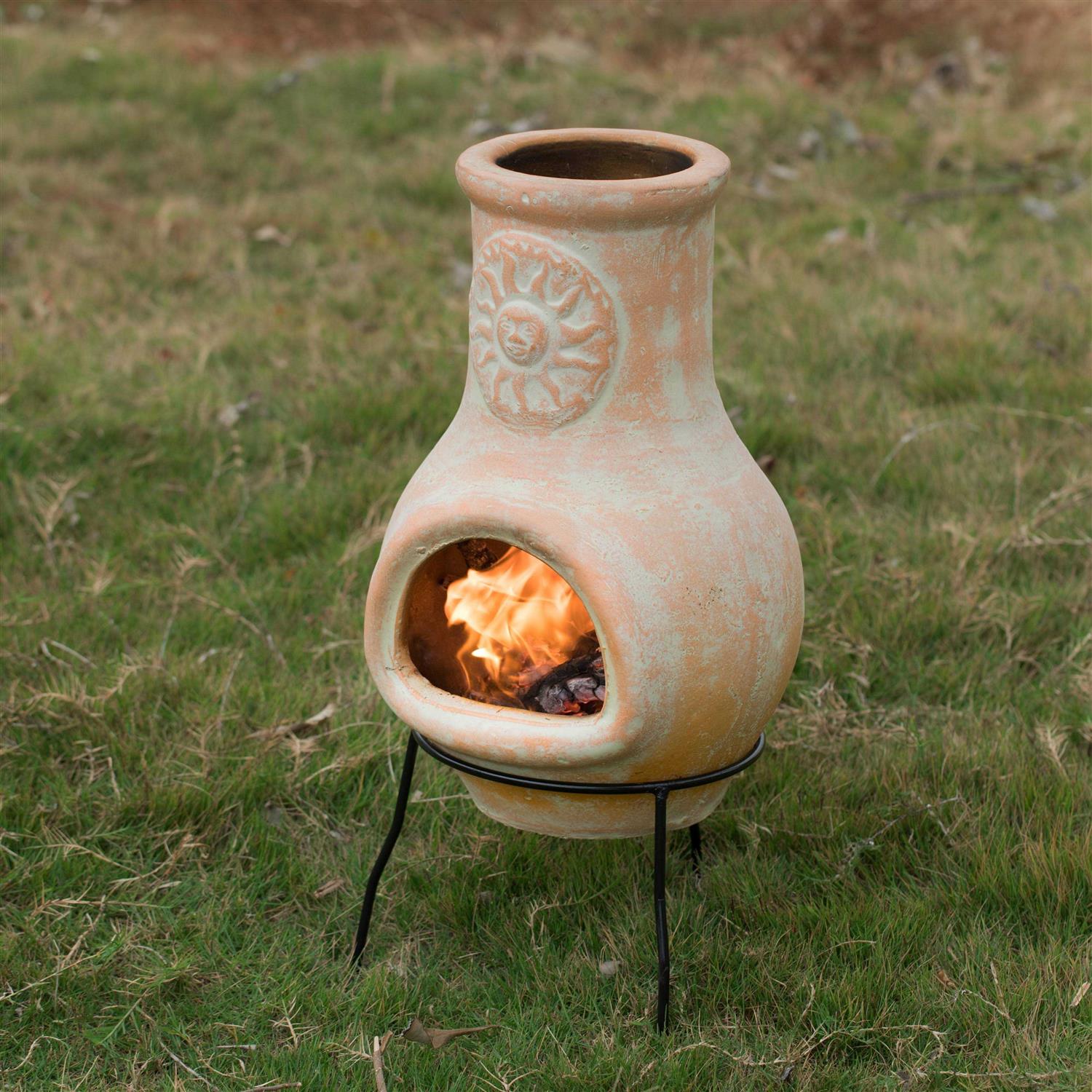 Vintiquewise Outdoor Clay Chiminea Sun Design Charcoal Burning Fire Pit with Metal Stand