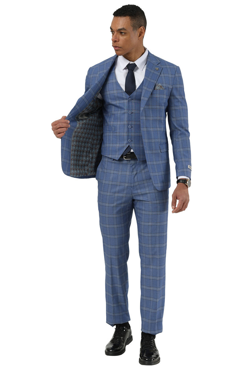 Men’s Designer Stacy Adams Vested Glen Plaid Suit in Blue