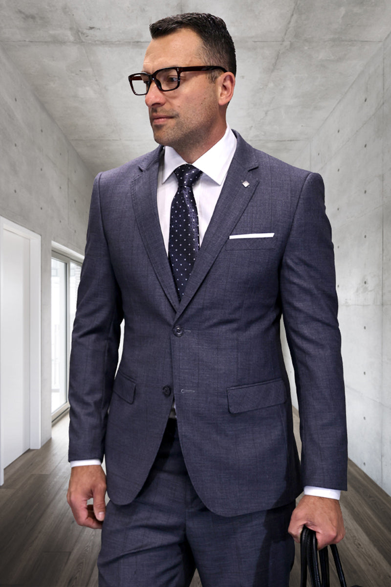 Men’s Designer Modern Fit Italian Wool Suit in Dark Grey Plaid