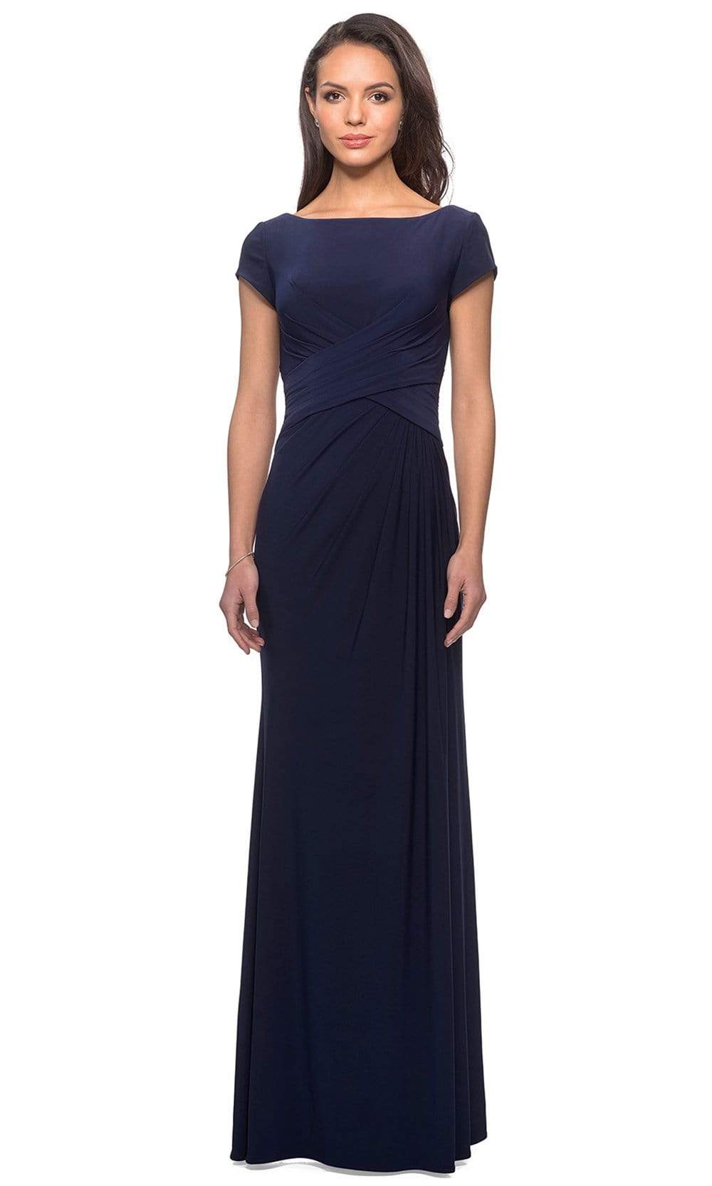 28026 Bateau Neck Cap Sleeve Sleek Jersey Long Dress
