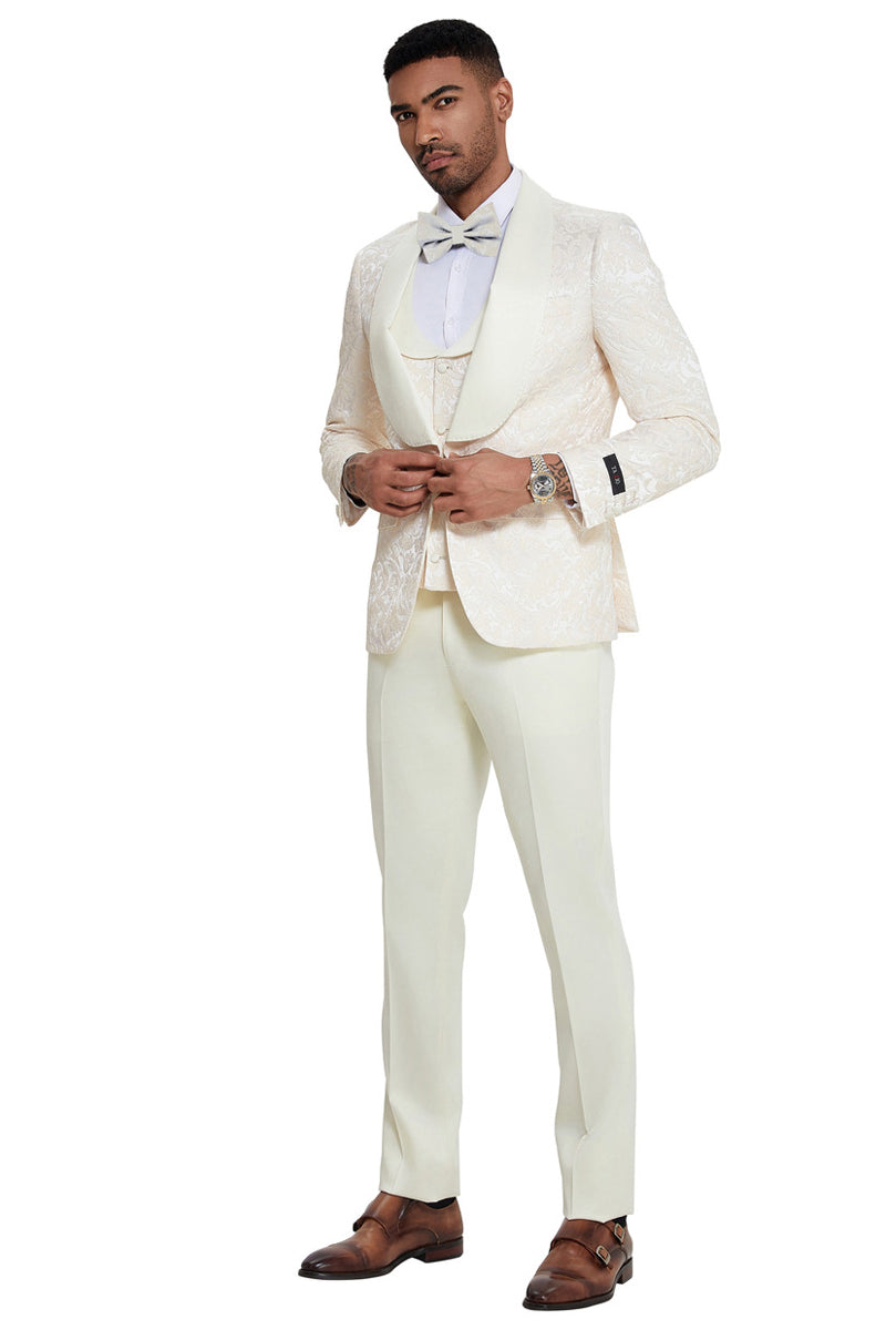 Men’s Designer Wedding & Prom Shawl Lapel Vested Paisley Tuxedo in Ivory