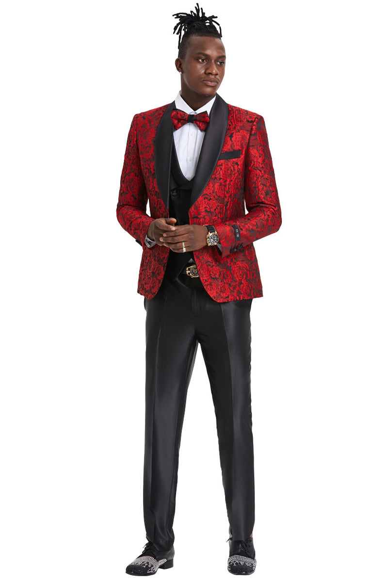 Men’s One Button Slim Fit Shiny Paisley Floral Vested Prom Tuxedo in Red