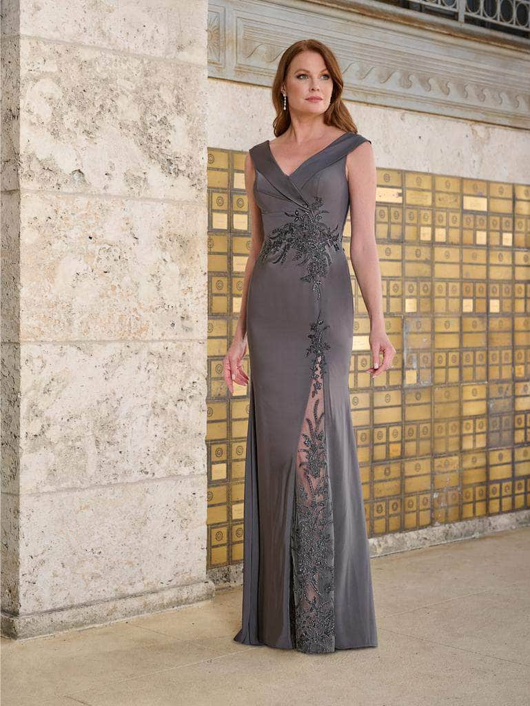 Fold Over V-Neck Beaded Evening Gown