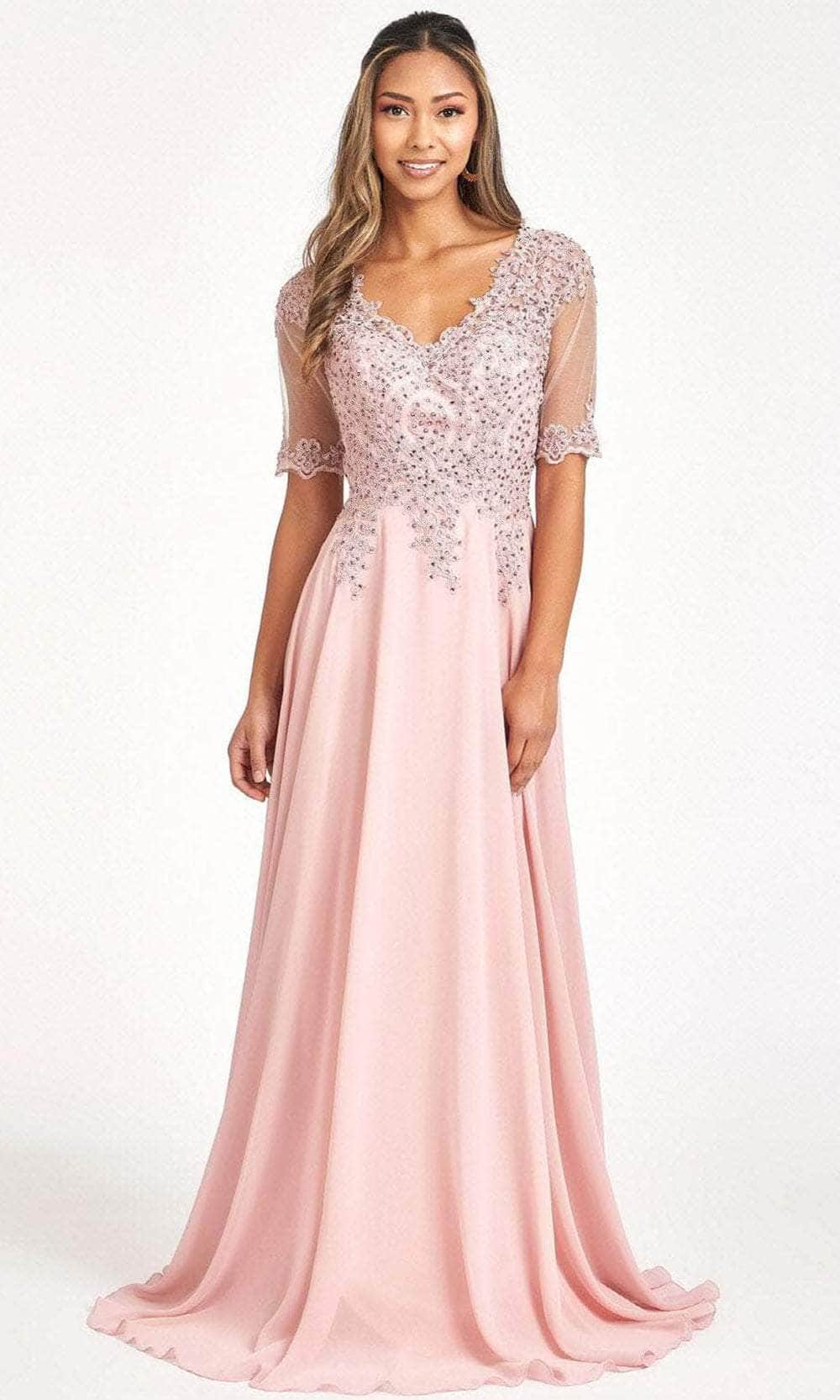 Applique-Ornate Quarter Sleeve Evening Dress