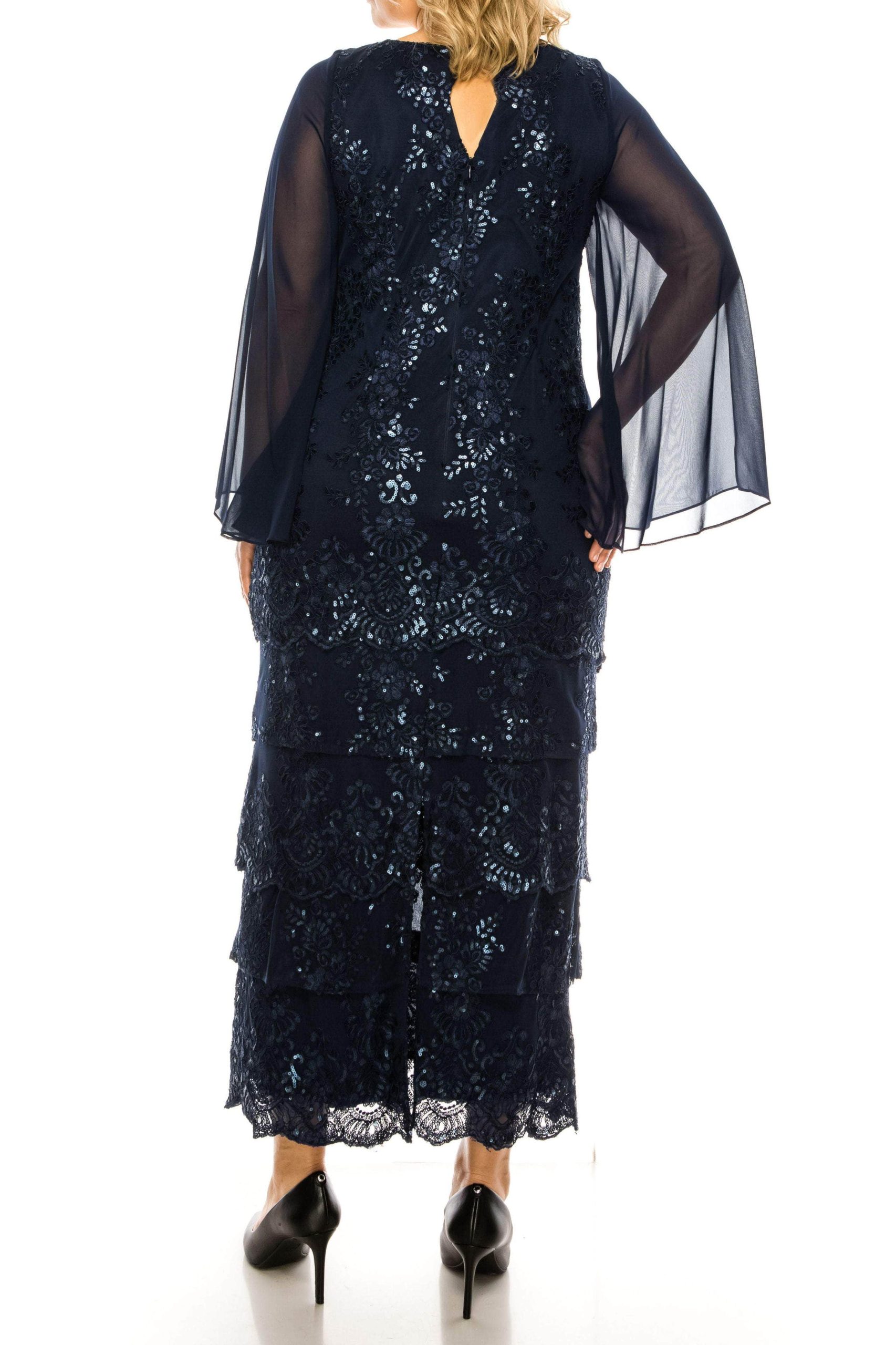 Floral Sequined Sheer Long Sleeved Tiered Dress