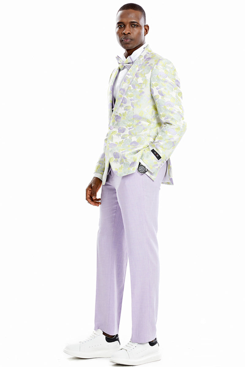 Men’s One Button Vested Water Color Tulip Floral Print Wedding Dinner Jacket Tuxedo Suit in Lilac