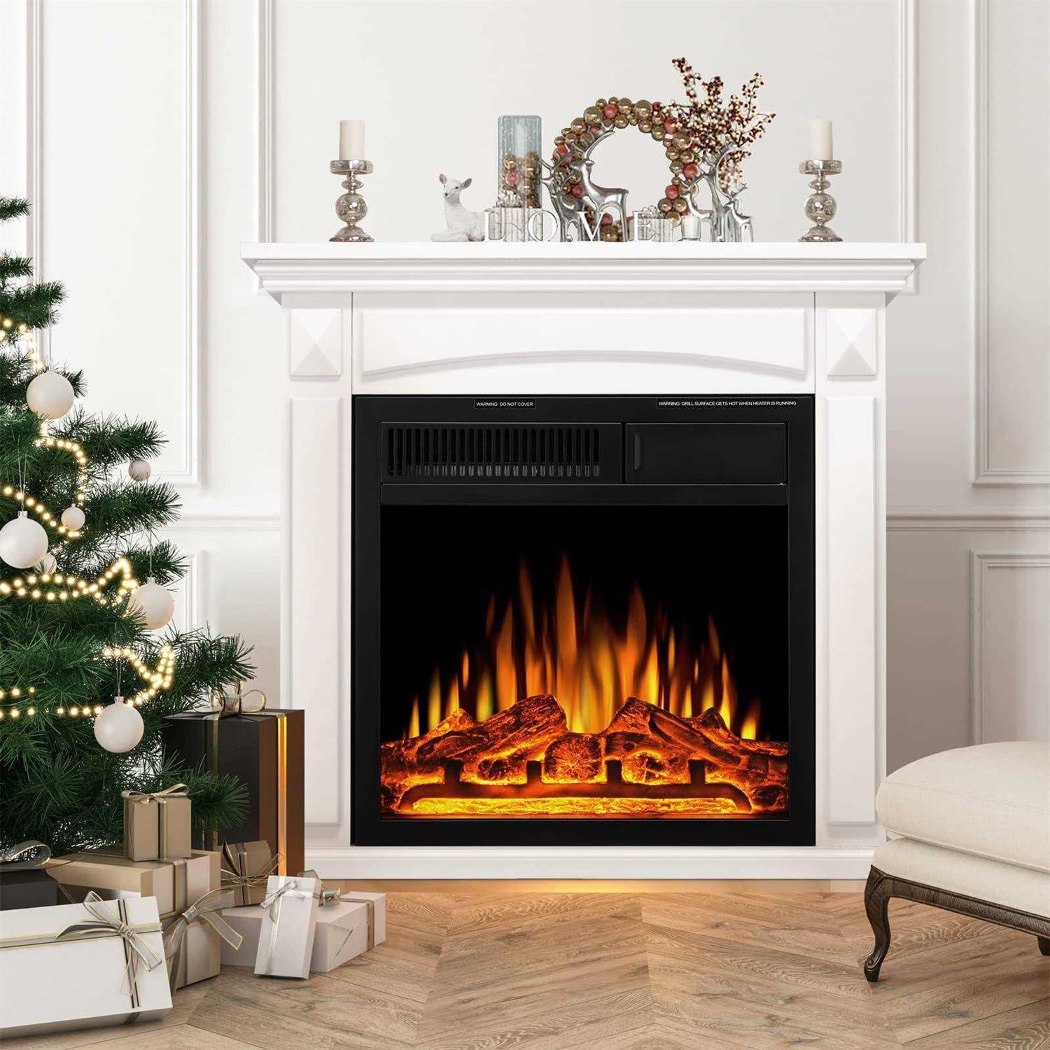 R.W.FLAME 27 Electric Fireplace with Mantel,Wooden Electric Fireplace Mantel with Remote & Infrared Quartz,Small Freestanding Ivory Fireplace