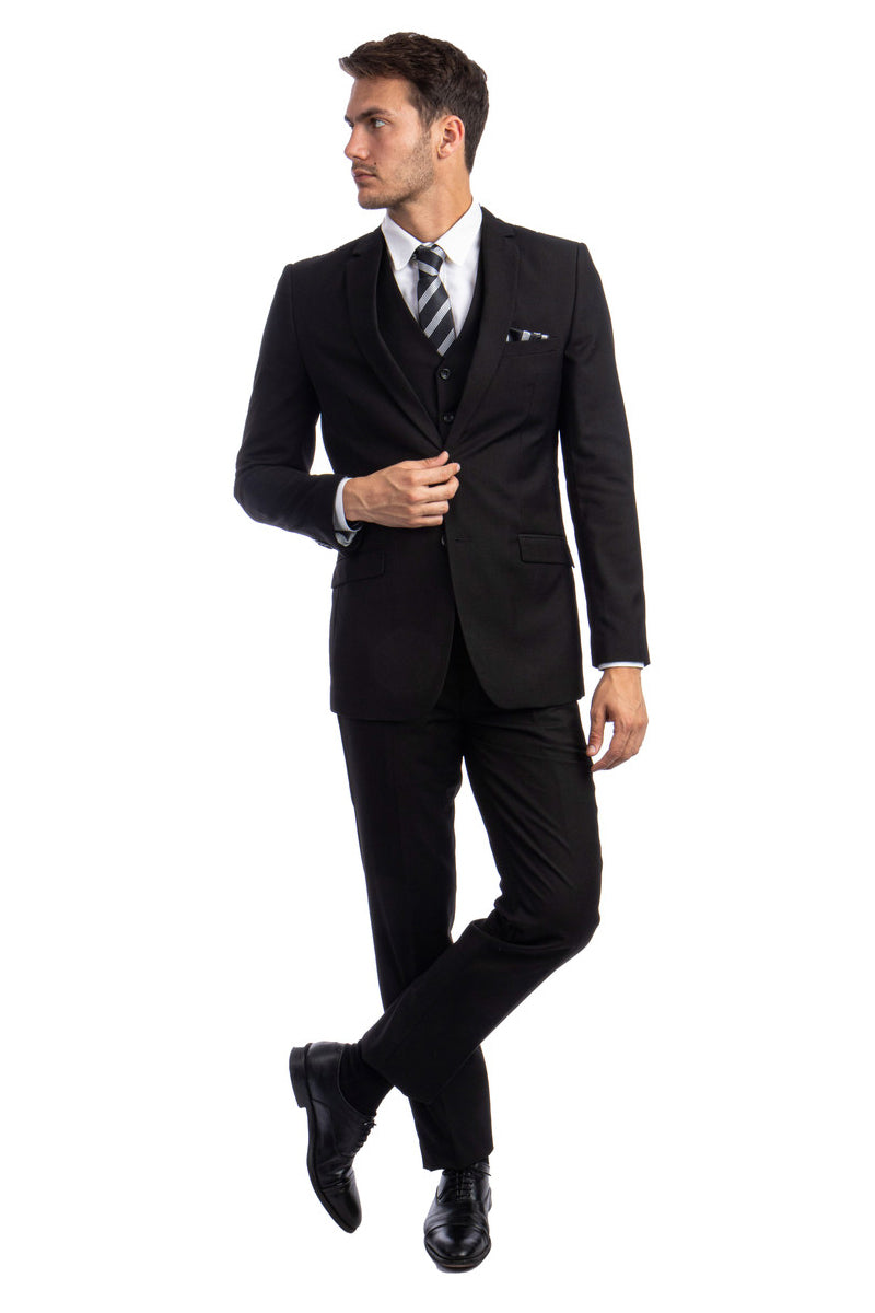 Men’s Two Button Basic Hybrid Fit Vested Suit in Black