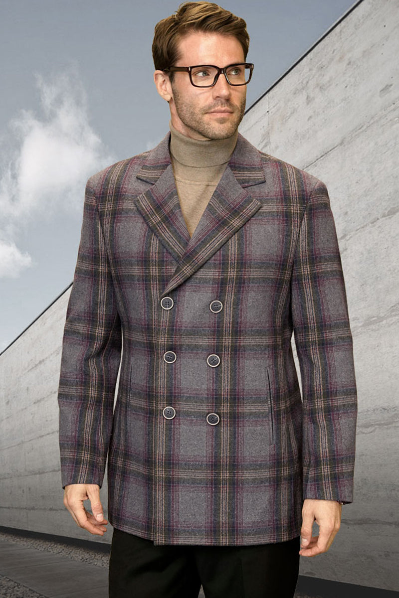 Men’s Designer 100% Wool Winter Peacoat in Grey Plaid