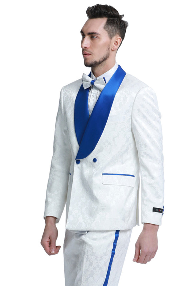Men’s Slim Fit Double Breasted Paisley Smoking Jacket Prom & Wedding Tuxedo in White & Royal Blue