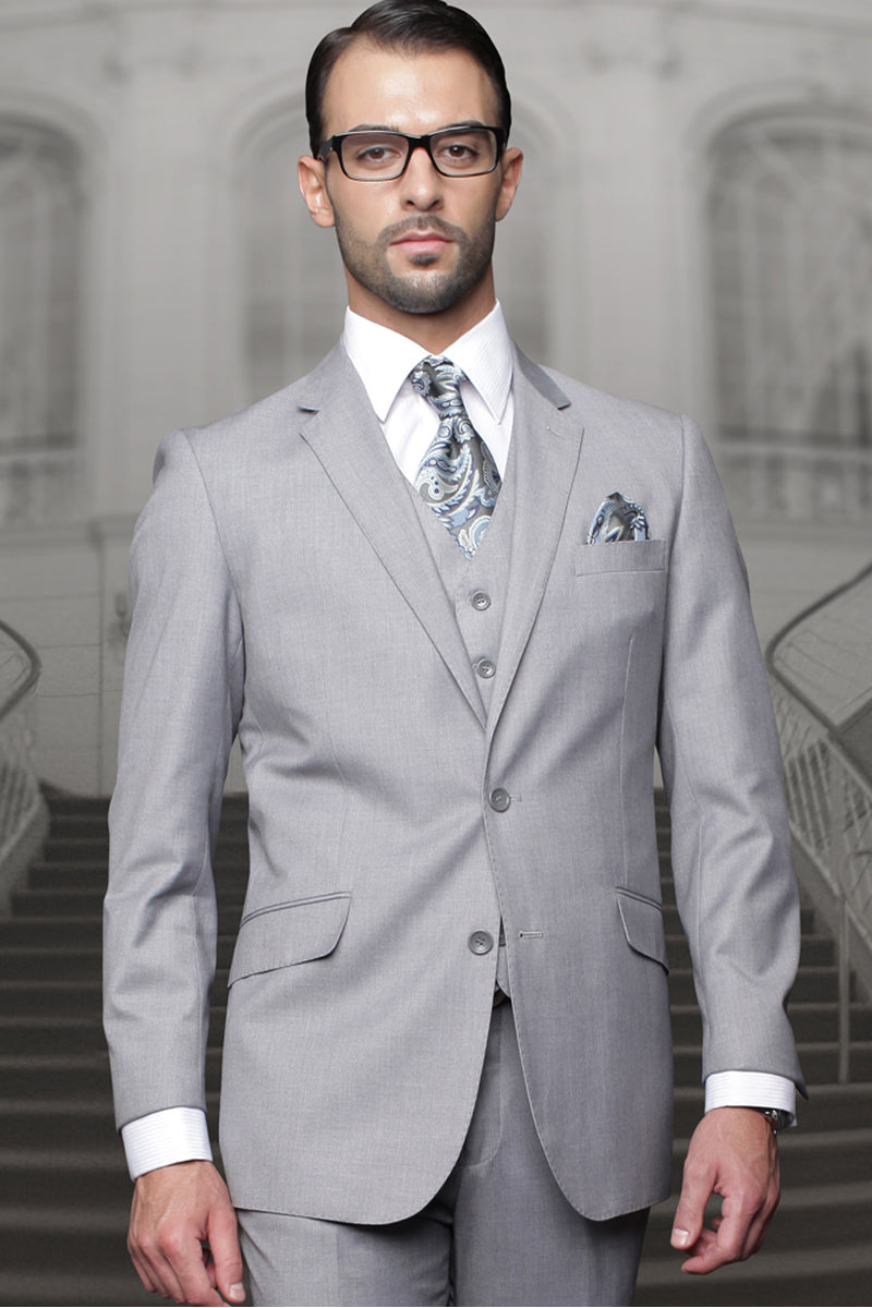 Men’s Designer Classic Fit Pleated Pant Vested Wool Suit in Grey