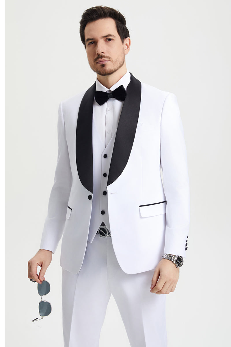 Men’s Stacy Adams Vested One Button Shawl Lapel Designer Tuxedo in White