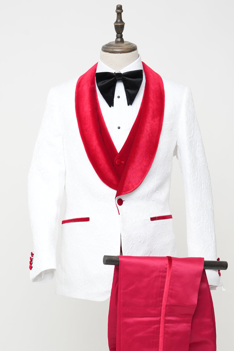 Men’s Vested White Paisley Wedding & Prom Tuxedo with Burgundy Velvet Lapel