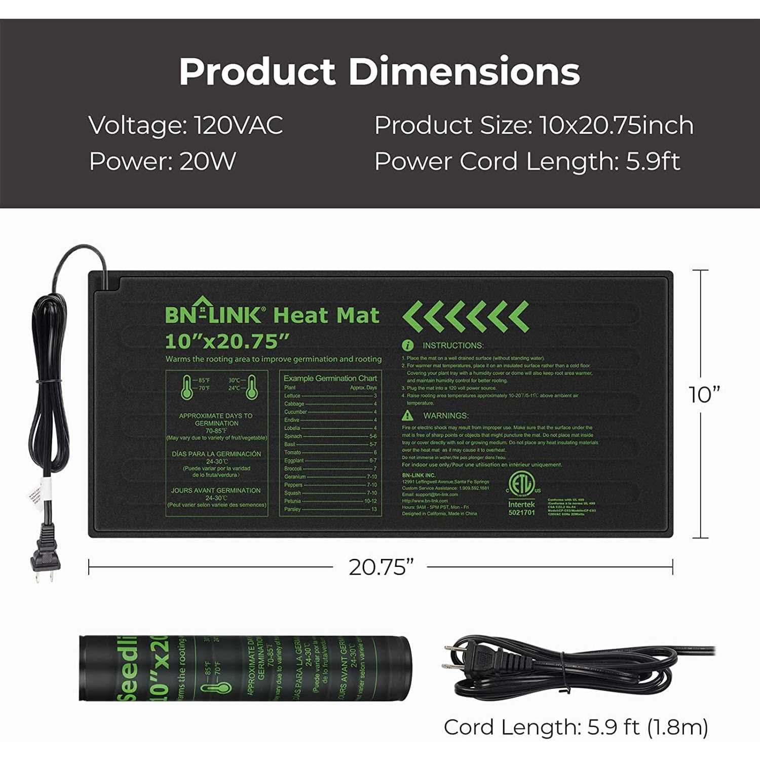 BN-LINK Durable Seedling Heat Mat Warm Hydroponic Heating Pad Waterproof 10 x 20.75 for Seed Starting Greenhouse and Germination