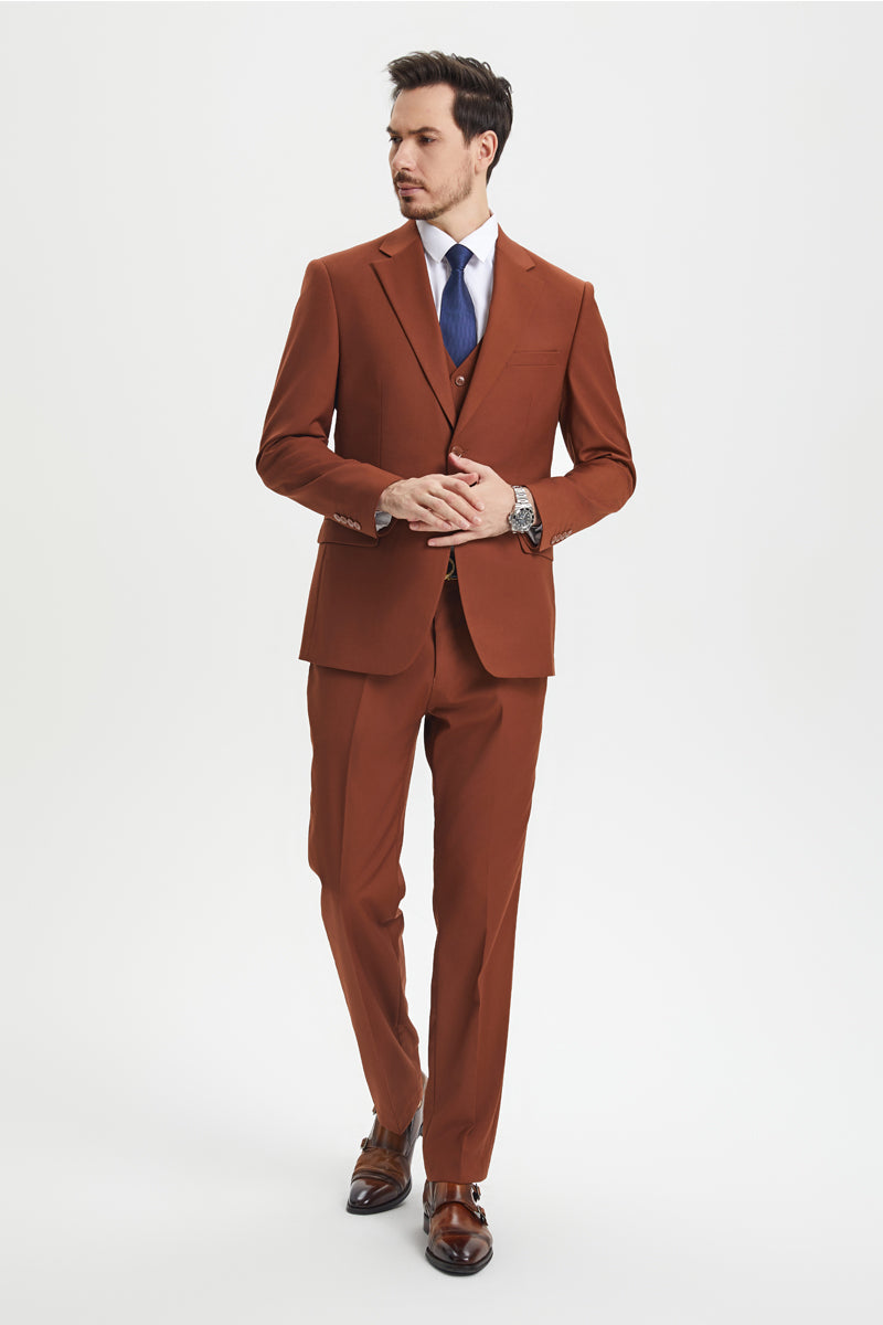 Men’s Two Button Vested Stacy Adams Basic Designer Suit in Brown Rust