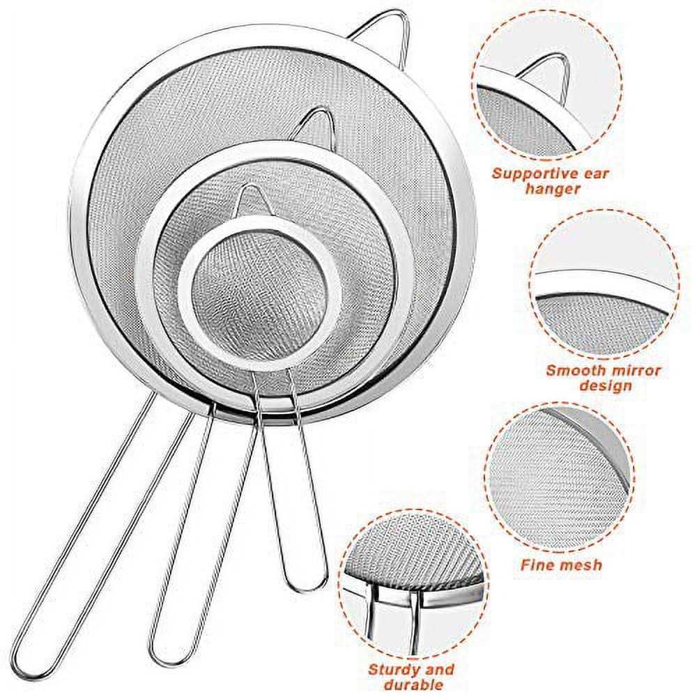 3 Pcs Super Wire Extra Fine Mesh Strainer with Handle Small Medium Large Size Sifter Metal
