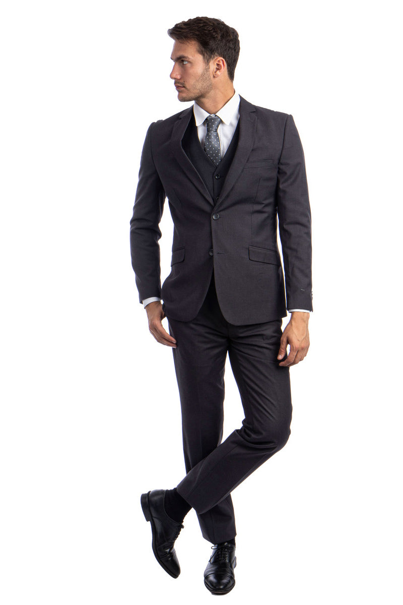 Men’s Two Button Basic Hybrid Fit Vested Suit in Charcoal Grey