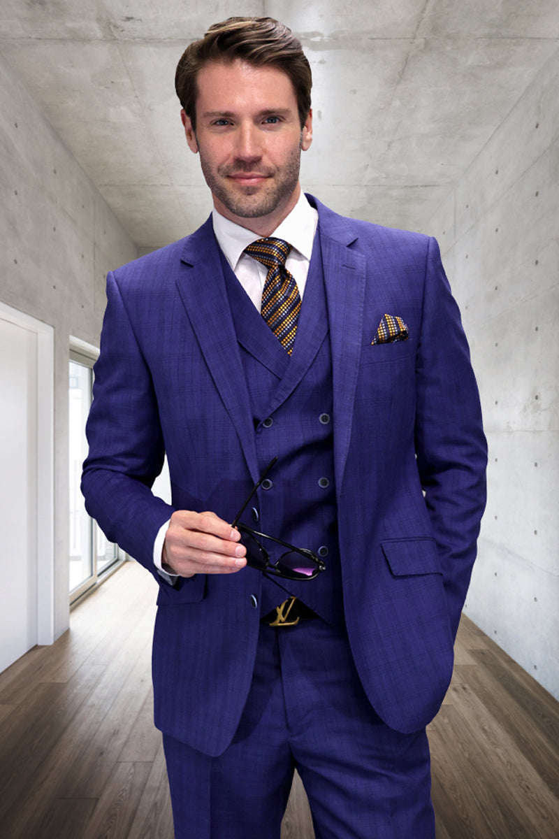 Men’s Designer Wool Vested Windowpane Plaid Suit in Sapphire Blue