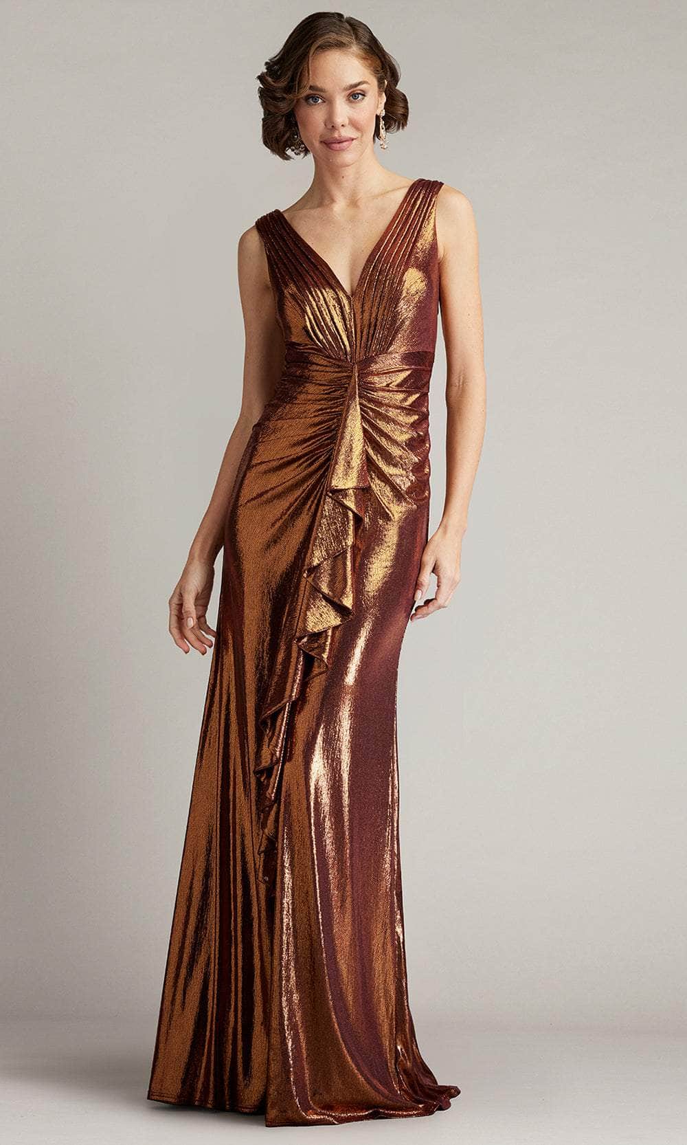 Vox V-Neck Slit Metallic Waterfall Drape Gown