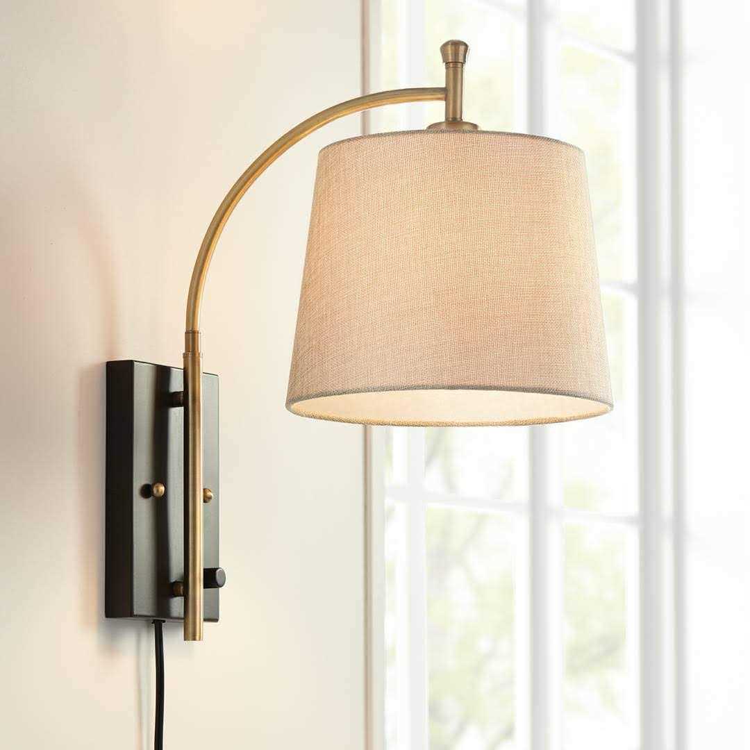 360 Lighting Chester Modern Swing Arm Wall Lamp Antique Brass Black Metal Plug-in Light Fixture Dimmable Tan Drum Shade for Bedroom Bedside House