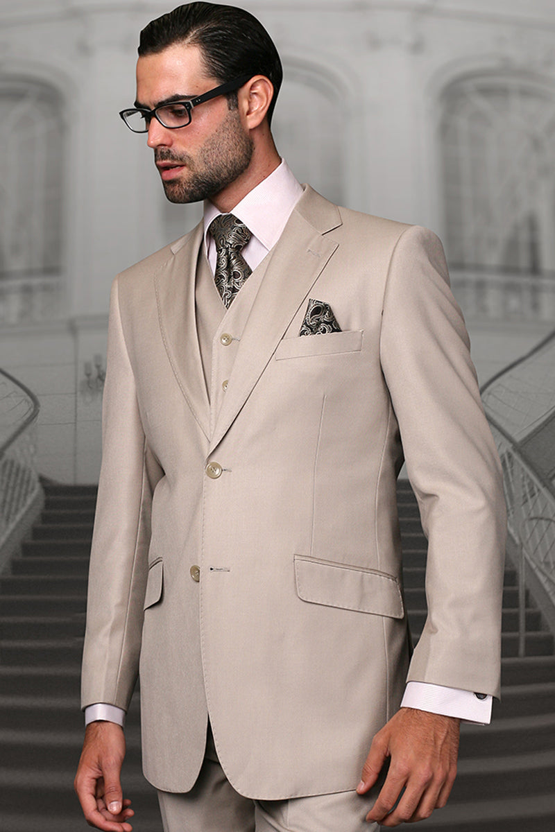 Men’s Designer Vested Modern Fit Wool Wedding & Business Suit in Tan
