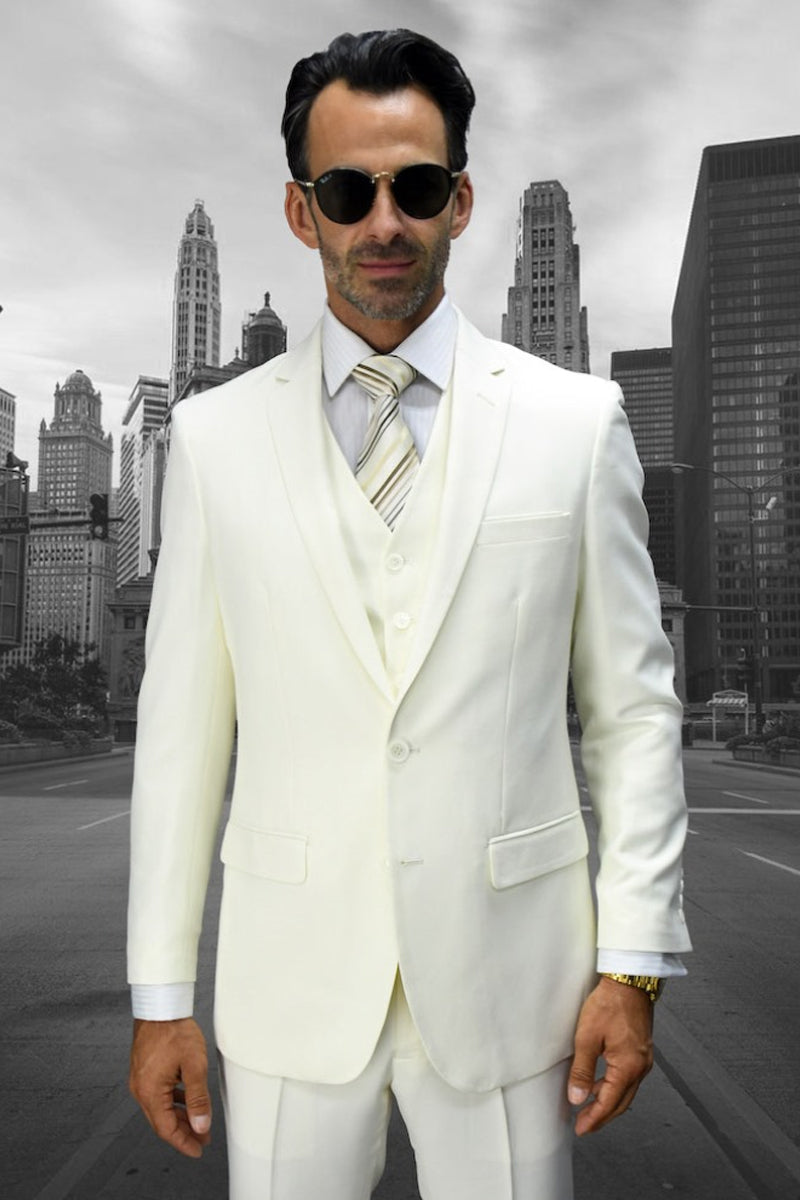 Men’s Designer Slim Fit Vested Wool Wedding Suit in Ivory Off White