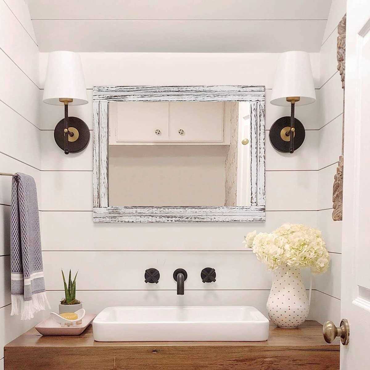 AAZZKANG Rustic Wall Rectangle Wood Mirror Farmhouse Bedroom Bathroom Decorative Mirror