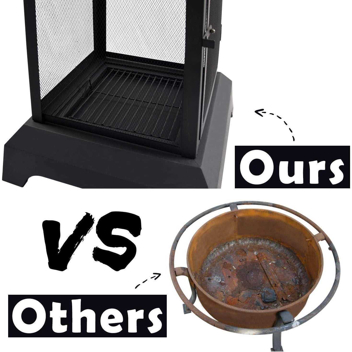 NSdirect Large Fire Pit Steel Wood Burning Outdoor Fireplace Tower 44 High Big Patio Firepits with Mesh Screen Cover