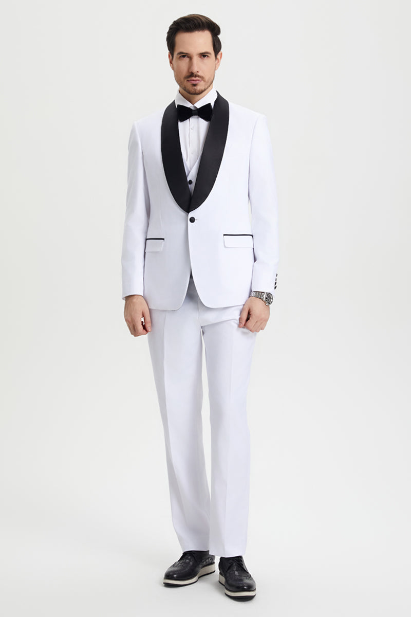 Men’s Stacy Adams Vested One Button Shawl Lapel Designer Tuxedo in White