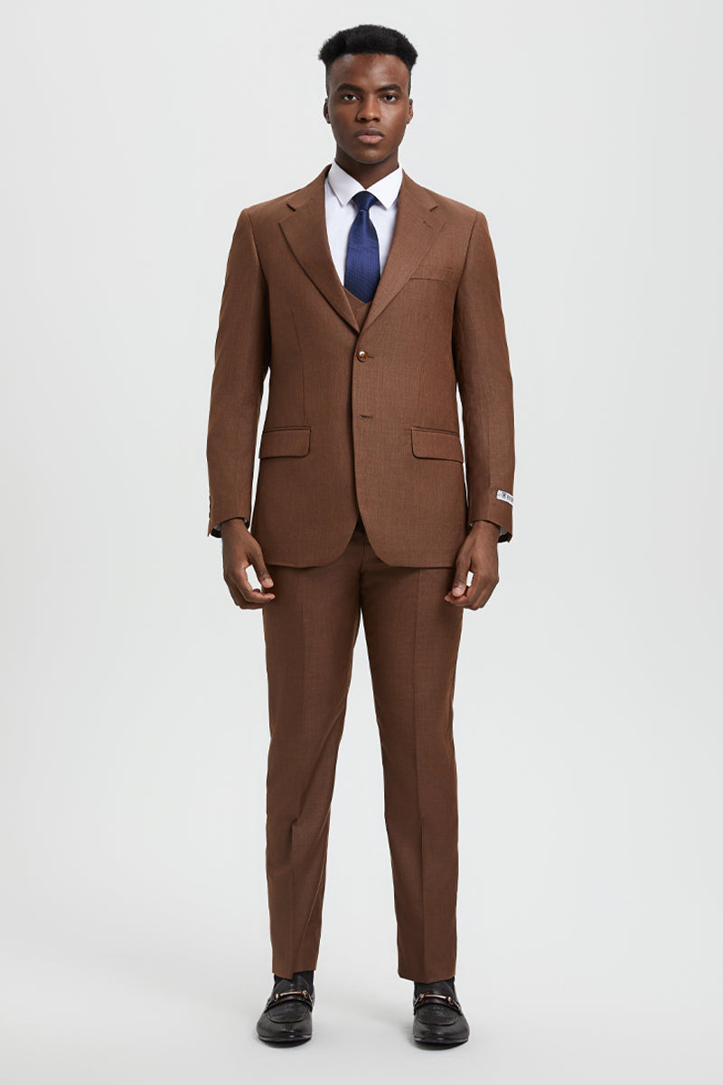 Men’s Two Button Vested Stacy Adams Designer Sharkskin Suit in Cognac
