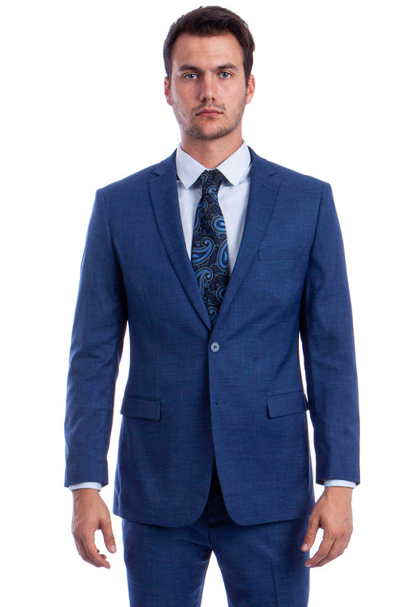 Men’s Two Button Modern Fit Linen Look Summer Suit in Medium Blue