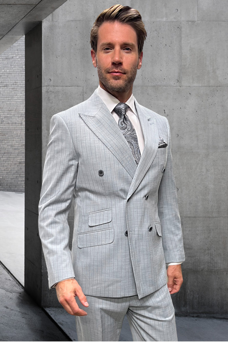 Men’s Designer Double Breasted Summer Wool Suit in Light Grey Pinstripe