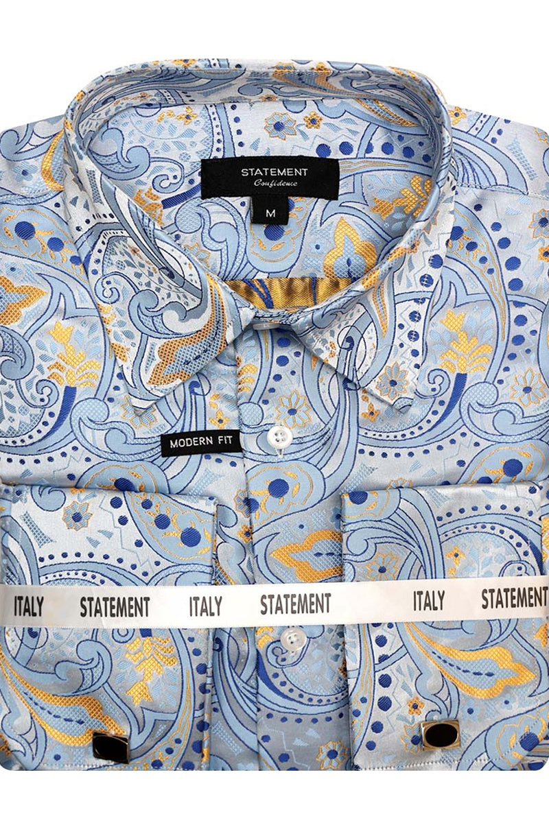 Men’s Fancy French Cuff Long Sleeve Dress Shirt in Blue Paisley