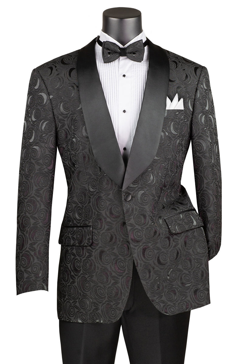 Men’s Regular Fit Square Shawl Prom & Wedding Tuxedo Jacket in Black Paisley Rose Print